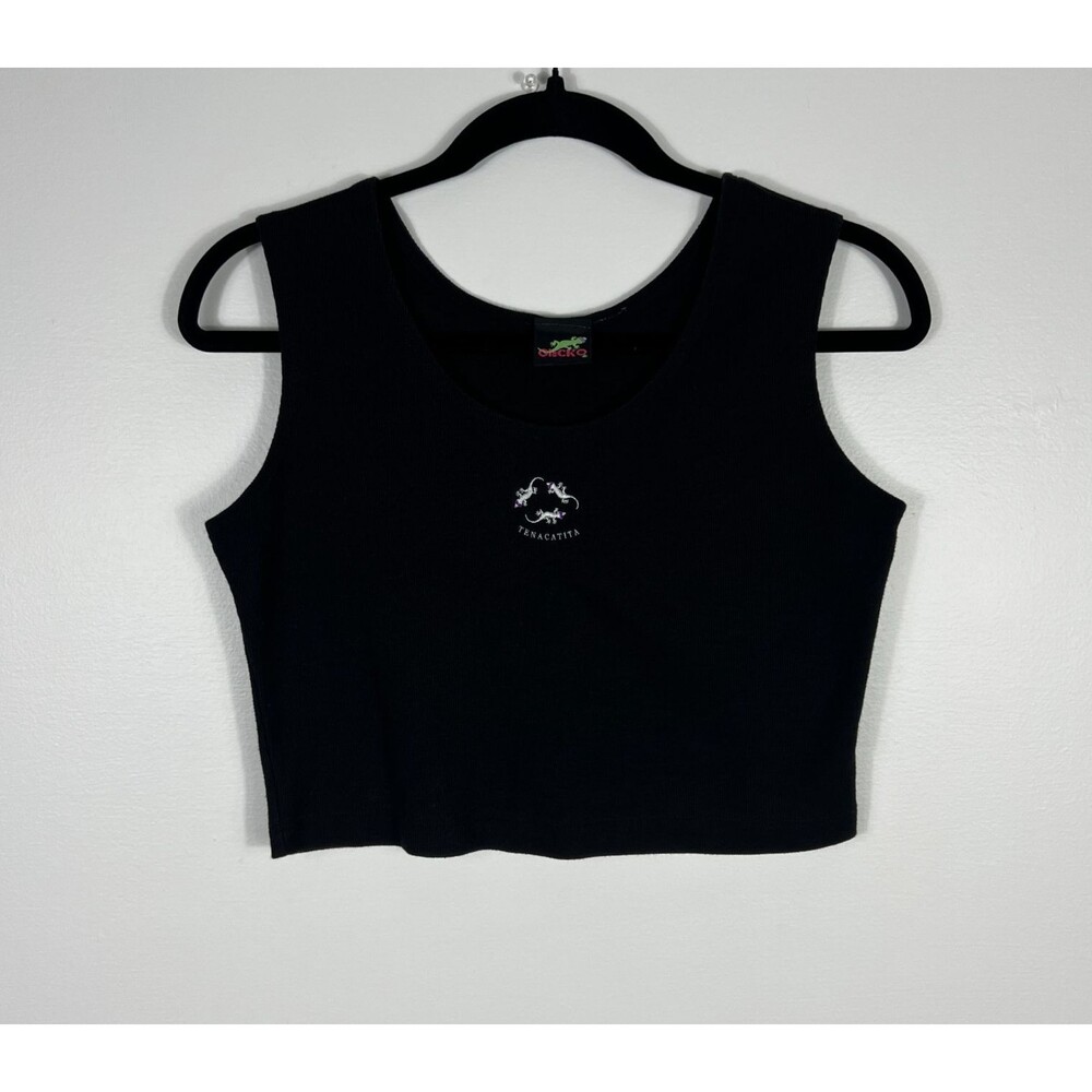 GECKO Hawaii Crop Top Womens M Black Tank Tenacatita Mexico Ribbed VTG Y2K 90s